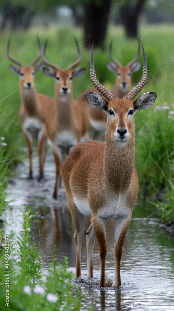 Fototapeta premium Standing Lechwe Antelopes in Water in African Wilderness Landscape Antelopes Facing Forward Wildlife Scene