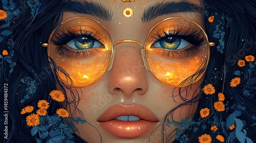 Woman's face,  glowing glasses, flowers
