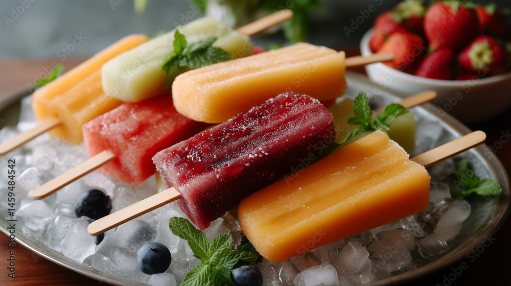 A colorful stack of assorted fruit popsicles placed on crushed ice, shot overhead for a playful, refreshing summer vibe.