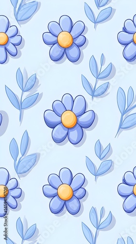 Pastel blue floral pattern with stylized daisies and leaves