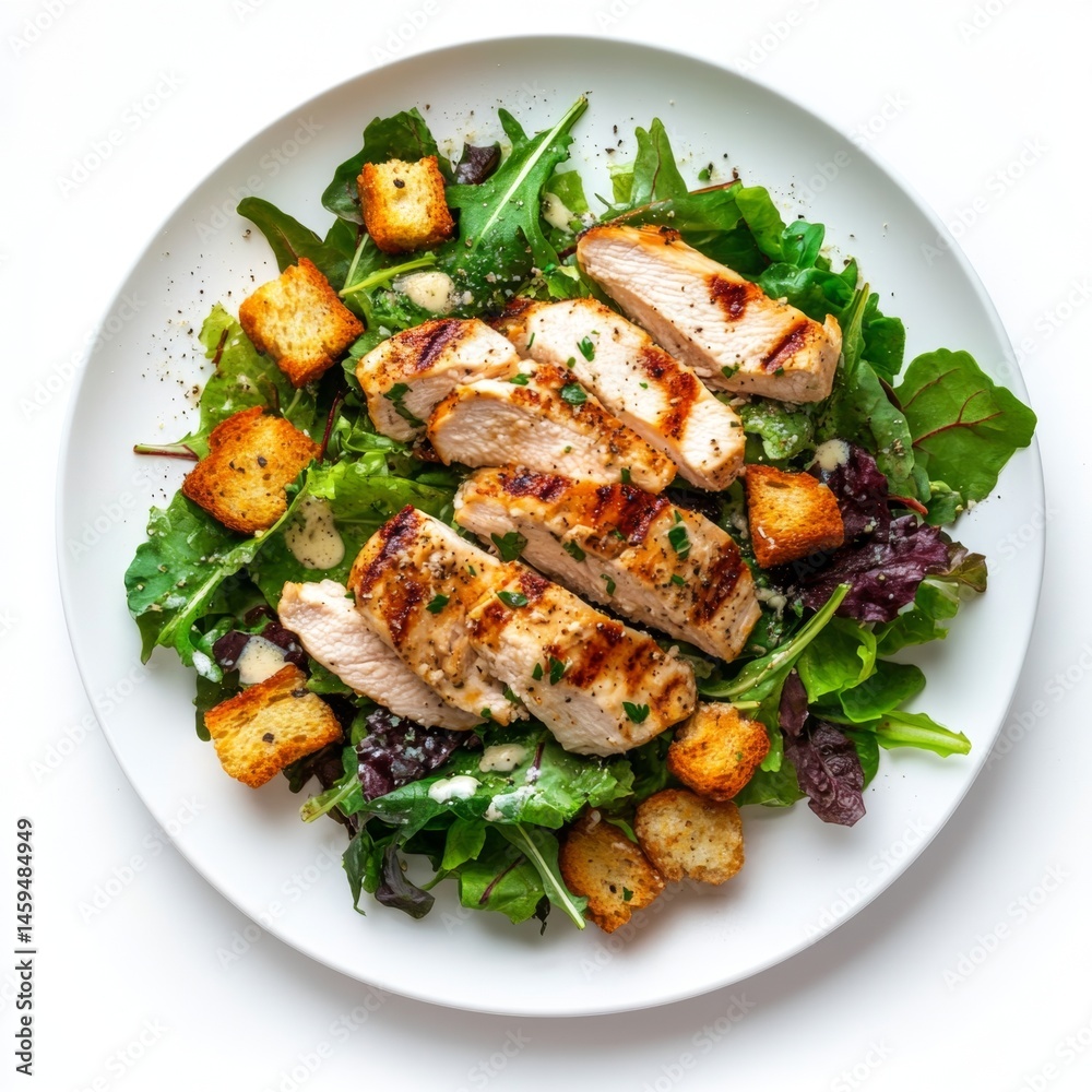 Grilled chicken salad with croutons and mixed greens. A healthy and flavorful meal with grilled chicken breast, crispy croutons, and fresh greens Grilled chicken salad with croutons and mixed greens. A healthy and flavorful meal with grilled chicken breast, crispy croutons, and fresh greens