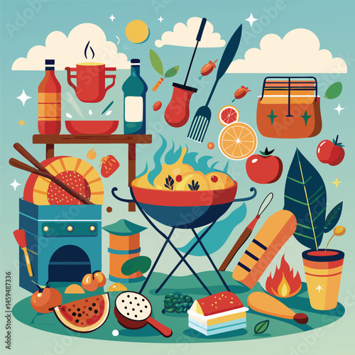 Barbecue Accessories and Outdoor Leisure – Flat Vector Recipe Scene