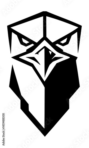 Bold geometric eagle bird head, front view, vector logo design representing strength