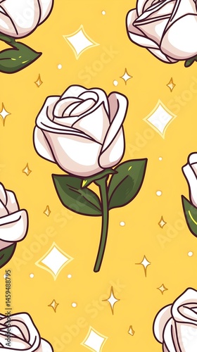 Yellow background with white roses and sparkles