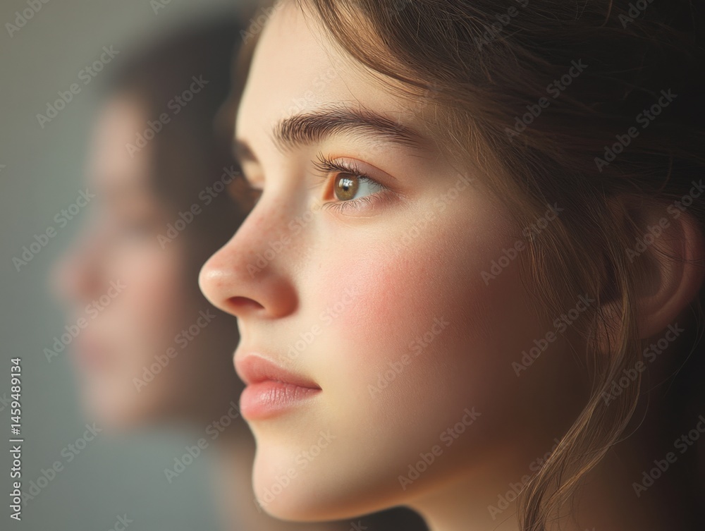 Woman looking to side in reflection Woman looking to side in reflection