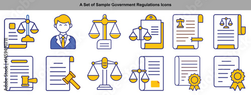 Government Regulations Icons Set Justice Scales, Lawyer, Document, Law, Rules