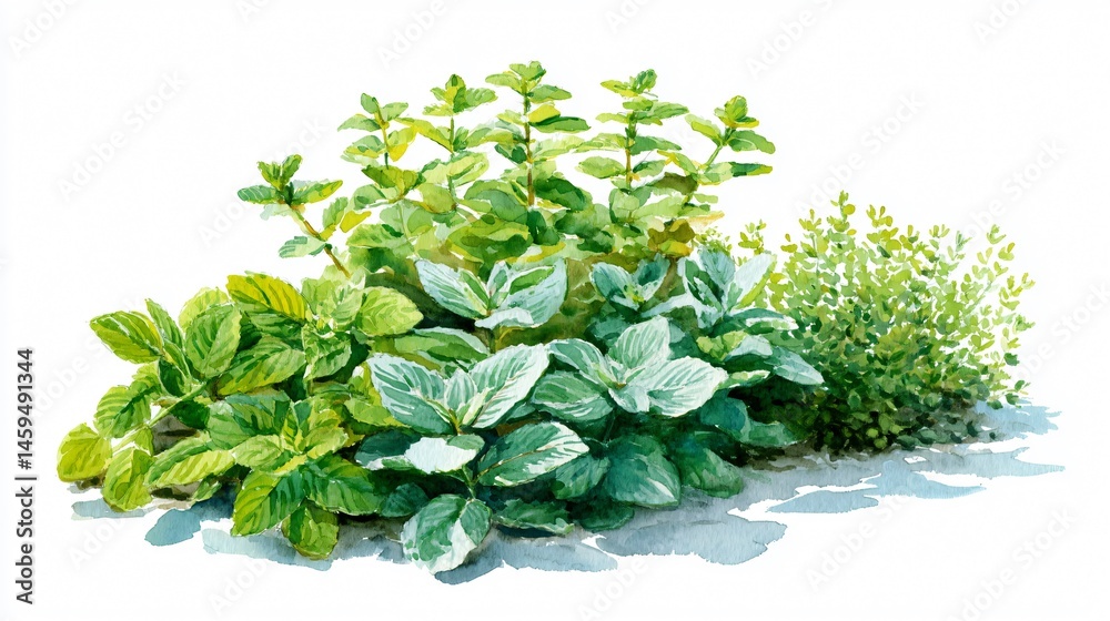 Obraz premium Four green herbs, possibly for use in a cooking recipe or culinary dish