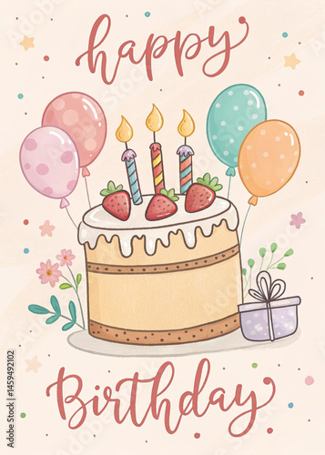 Cheerful Birthday Celebration with Cake, Candles, and Balloons. Happy Birthday Card 