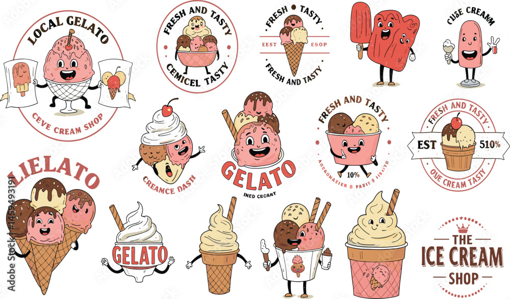 Cartoon ice cream. Comic retro happy walking mascot gelato. Vintage funny cone, nice freeze sweets stickers and card. Character ice cream scoop for cafe, shop