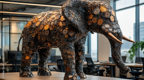 Industrial elephant statue made entirely from welded nuts and bolts, standing in an architect's office with clean lines --no text, letters, logo
