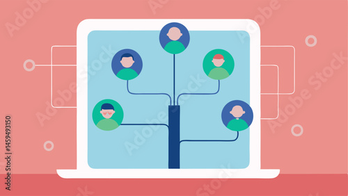 Family and Friend Support Network A tree diagram on a device screen showing connections to family and friends with AI suggestions for reaching out based on users mood data.