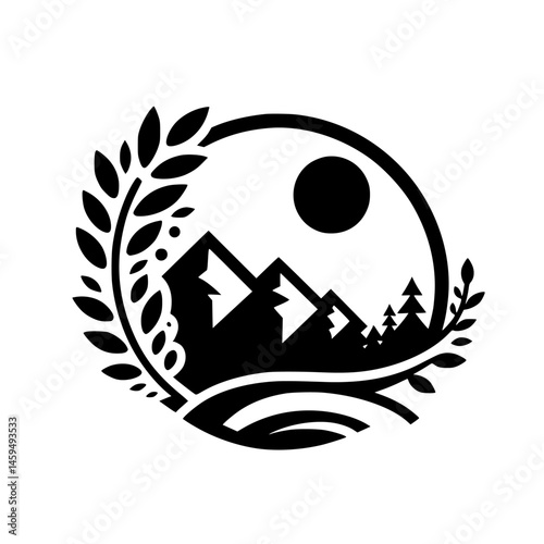 Minimalist Mountain Landscape Logo, Black & White Vector