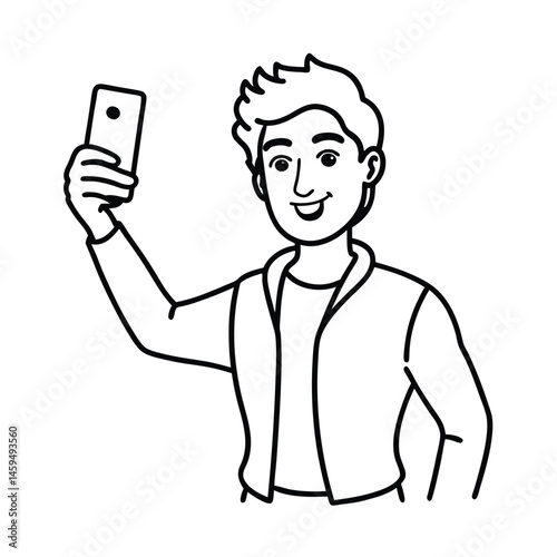 man taking selfie with phone line minimalist sketch vector line art illustration