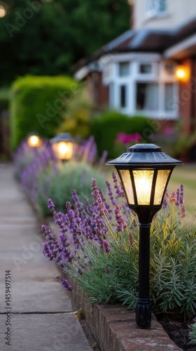 Pathway illuminated with garden lights and blooming lavender in a residential neighborhood during twilight hours