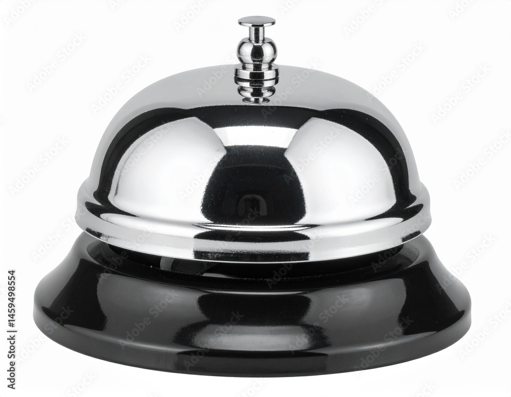 Naklejka premium Classic silver service bell with polished chrome finish on black base isolated on white background