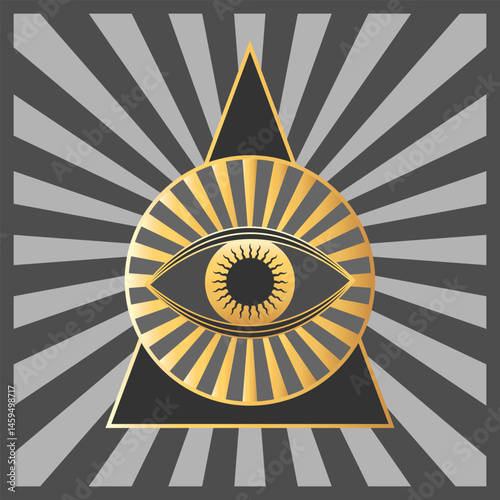 Golden magical All seeing eye symbol emblem in triangle. Mystical boho decoration with magic third eye. Vector illustration