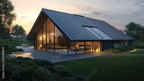 Modern home nestled in a scenic landscape.  Spacious, glass-walled living area.  Dark metal roof and exterior.  Outdoor patio area with a swimming pool