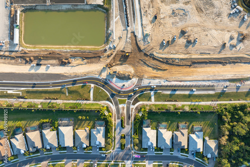 Konstfotografi Aerial view of busy American highway road under construction