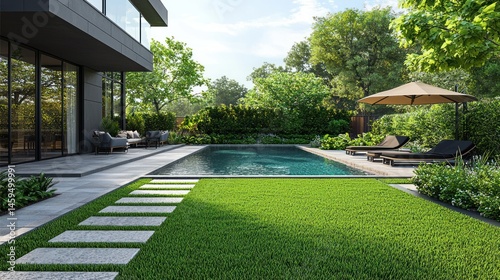 Modern house exterior with pool and patio. Lush landscaping surrounds a contemporary home featuring a swimming pool, patio furniture, and a paved walkway