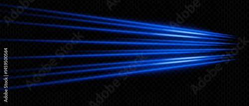 Cyan blue directional light rays with neon glow on transparent background. Ideal for sci-fi interfaces, spotlight scenes, or data visuals.