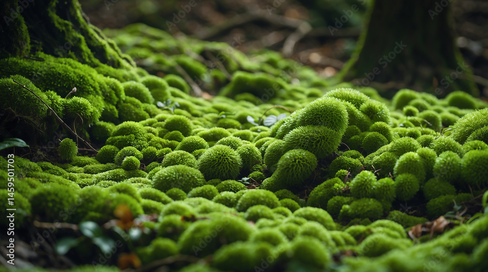 Obraz premium Emerald Forest Floor: A vibrant close-up of a forest floor blanketed in lush, green moss, illuminated by soft, natural light, creating a captivating tapestry of texture and life.