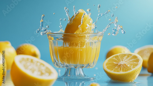 Hand-held lemon squeezer in action with fresh juice in a glass on a blue backdrop