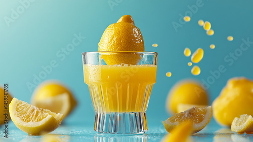 Hand-held lemon squeezer in action with fresh juice in a glass on a blue backdrop