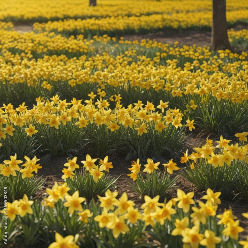 Obraz premium Sunlit daffodil field, vibrant yellow petals glistening , outdoor, closeup