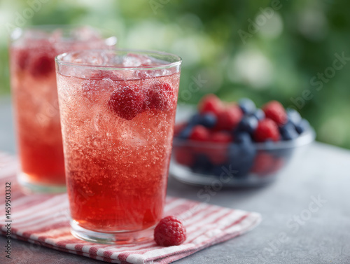 Sparkling berry drinks with raspberries and blueberries on striped cloth
