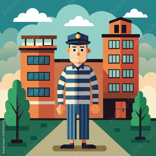 Prisoner Released on Bail – Flat Vector Justice System Scene