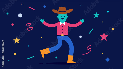 StarryEyed Cowboy A cheerful cowboy spins around with a big smile caught in a moment of joy as he participates in line dancing. Flashes of neon stars and musical notes float