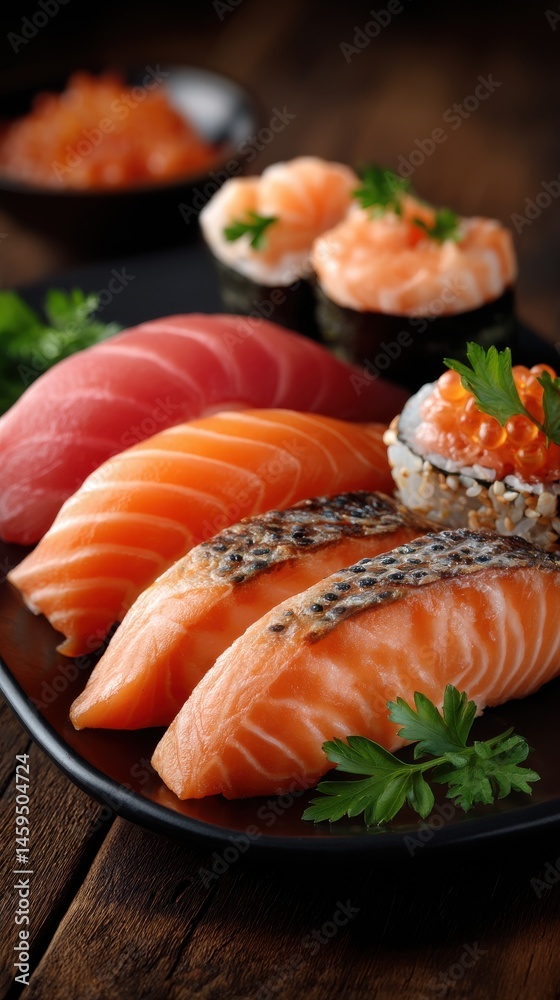 Assorted sushi nigiri and rolls with salmon, tuna and roe arranged on a black plate over a rustic wooden table top. Assorted sushi nigiri and rolls with salmon, tuna and roe arranged on a black plate over a rustic wooden table top.