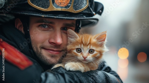 A firefighter holding a rescued kitten, symbolizing bravery and compassion on Workers' Day 