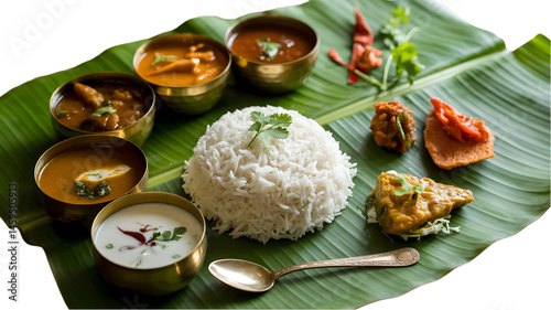 Exquisite Andhra Thali on Banana Leaf: A delightful and traditional Andhra meal served on a banana leaf, featuring fragrant rice, flavorful curries, cooling yogurt, and spicy accompaniments.