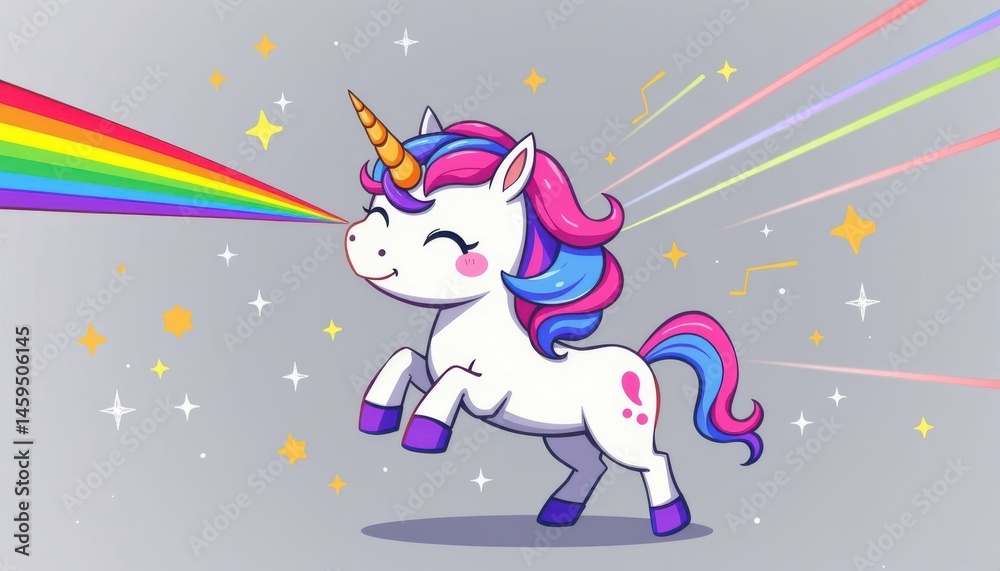 Naklejka premium A chibi unicorn in mid prance firing a rainbow beam from its horn while winking confidently. Sparkles, floating stars, and colorful motion streaks radiate from its magic
