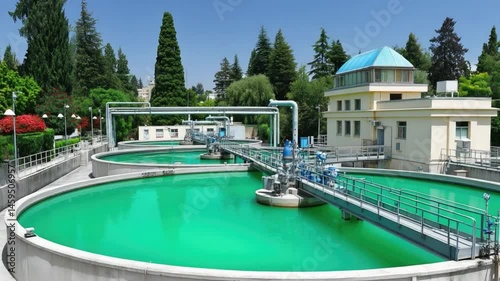 Water Treatment Facility with Modern Technology and Green Surroundings in a Bright Blue Sky