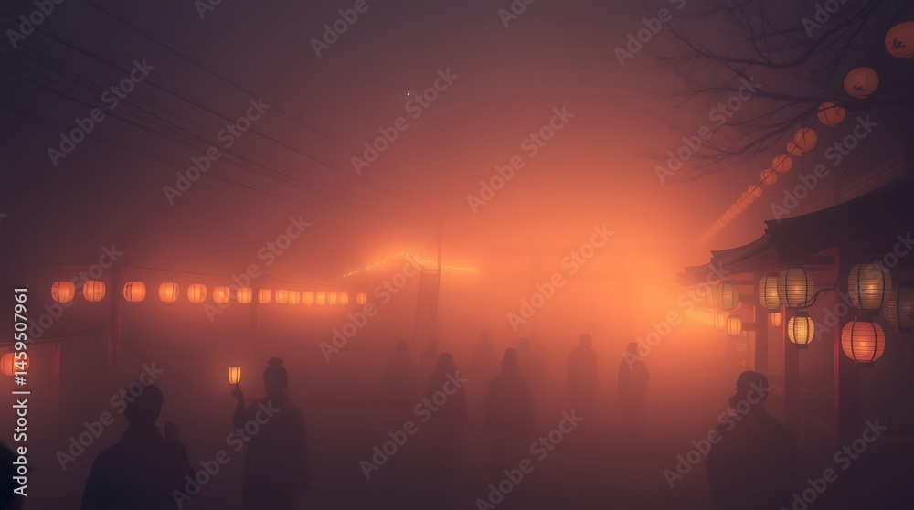 Fototapeta premium Nighttime Tokyo festival in pixel art 3D render, thick fog obscuring visibility. Warm glow from lanterns, people in yukata barely visible, low visibility, thick fog, detailed textures