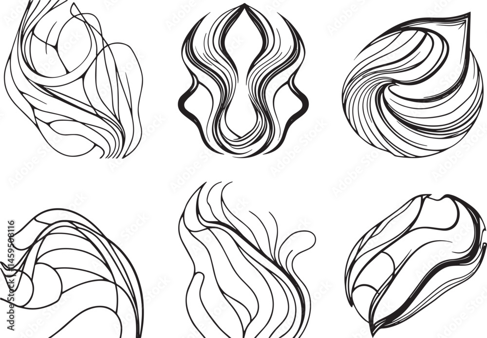 Fototapeta premium A set of vector elements, modern flat design with intricate black lines and futuristic aesthetics of sharp angles and smooth curves, simple two-dimensional shapes, soft dreamy atmosphere and high tech