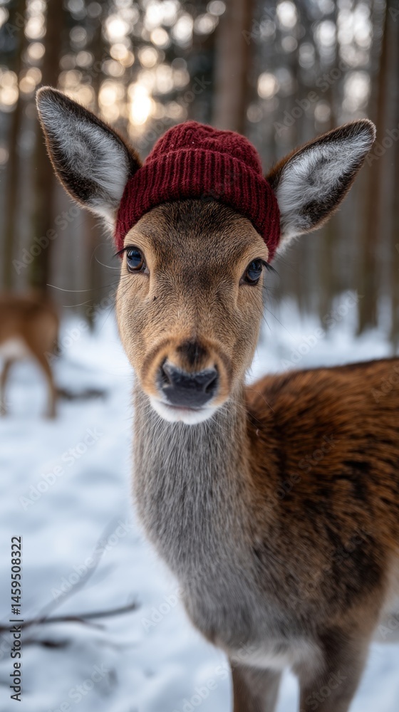 Charming deer portrait in winter forest with a red knit hat a whimsical seasonal wildlife moment Charming deer portrait in winter forest with a red knit hat a whimsical seasonal wildlife moment