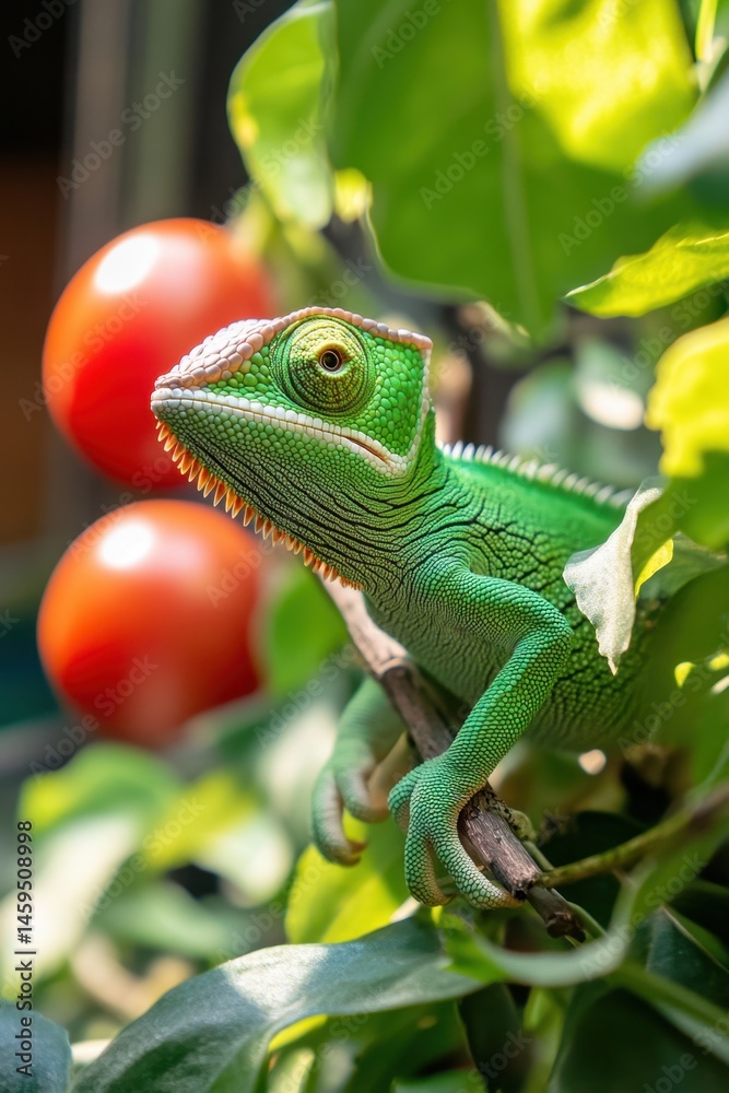 Fototapeta premium Green chameleon perched on a branch, surrounded by ripe red tomatoes