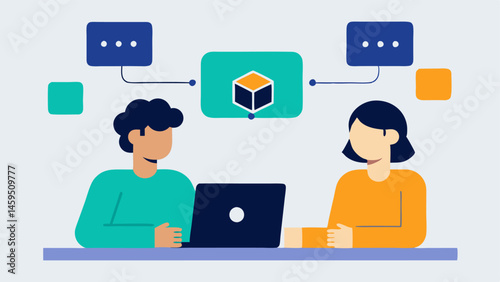 Dispute Resolution Two figures discussing a discrepancy at a table with a laptop open showing a blockchain ledger with a highlighted transaction for clarity in resolution.