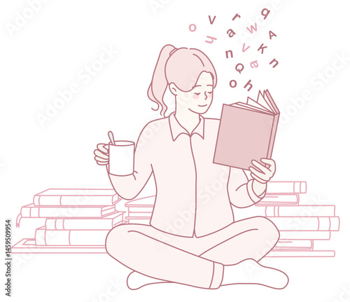 A woman joyfully reads her beloved book among towering stacks of literature, savoring a warm cup of coffee