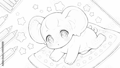 Adorable elephant coloring page with big eyes and art supplies for relaxation and creativity
