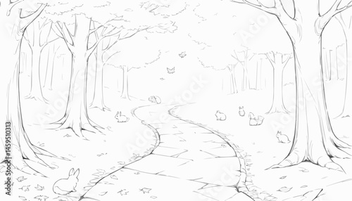 Forest pathway coloring page with trees and animals for relaxation and creativity