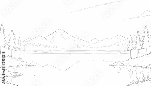 Mountain lake landscape coloring page with reflections and pine trees for relaxation and creativity