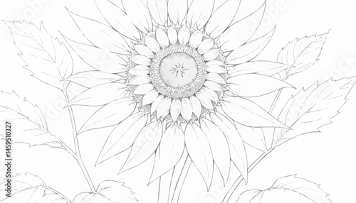 Sunflower coloring page with detailed petals and leaves for relaxation and creativity