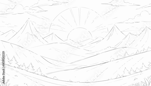 Sunrise mountain landscape coloring page with hills and sun for relaxation and creativity
