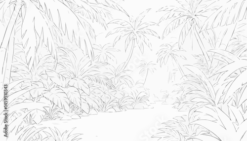 Tropical jungle coloring page with palm trees and lush greenery for relaxation and creativity