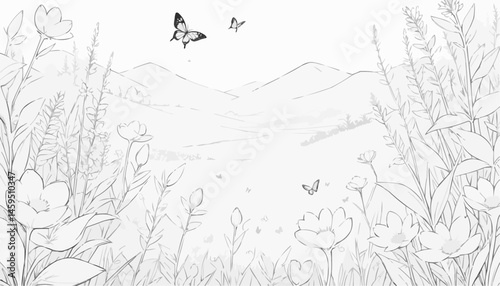 Flower and butterfly coloring page with mountains and meadow for relaxation and creativity
