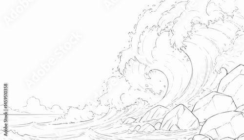 Ocean wave coloring page with rocky coastline for relaxation and creativity